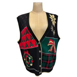 "CRICKET LANE" Women's VTG Christmas‎ Vest SZ M USA MADE Grandma Core Plaid Back